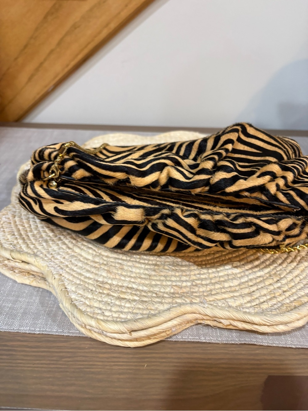 Zebra Print Drawstring Shoulder Bag with Gold Chain - Picture 5 of 10